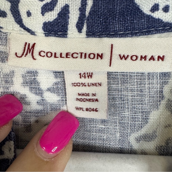 JM Collection 3/4 Sleeve Linen Button Up Tunic Blue & White Paisley SZ 14 - Picture 6 of 9